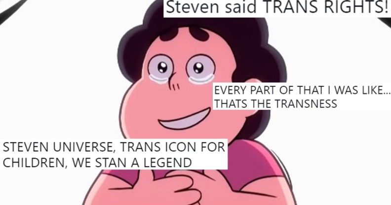 A shot of Steven Universe, a Cartoon Network show which fans say has a trans subtext, overlaid with tweets