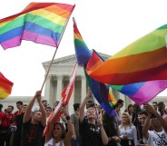 Same-sex marriage supporters rejoice after the U.S Supreme Court hands down a ruling regarding same-sex marriage June 26, 2015 outside the Supreme Court in Washington, DC.