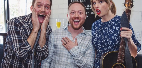 A photo of Taylor Swift at the engagement party of gay couple Alex and Ross.