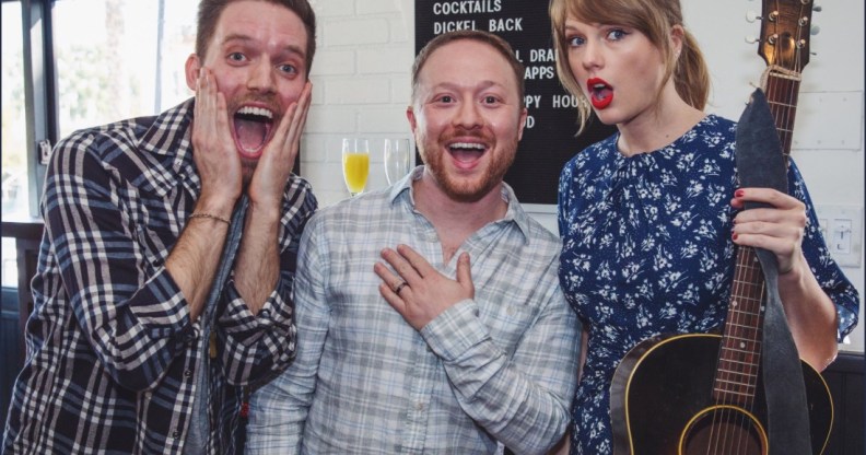 A photo of Taylor Swift at the engagement party of gay couple Alex and Ross.