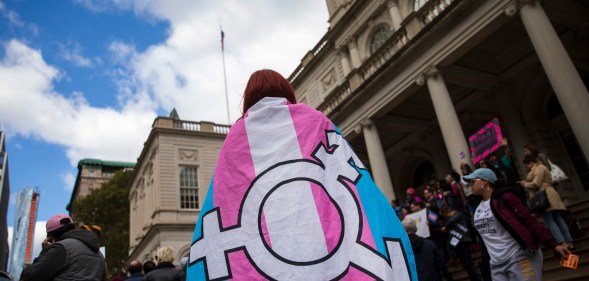 LGBT activists and their supporters rally in support of transgender people on the steps of New York City Hall, October 24, 2018 in New York City