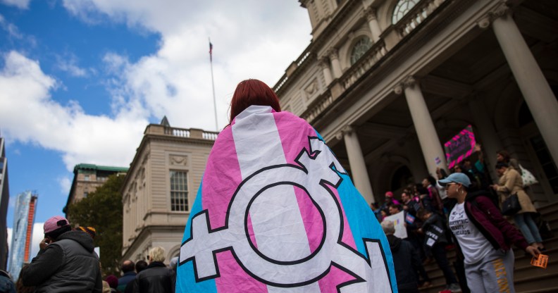 LGBT activists and their supporters rally in support of transgender people on the steps of New York City Hall, October 24, 2018 in New York City