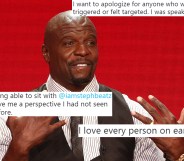 A picture of actor Terry Crews of the television show 'Brooklyn Nine-Nine' speaking during the NBC segment of the Television Critics Association Press Tour at the Beverly Hilton Hotel on August 8, 2018 in Beverly Hills, California, overlaid with tweets.