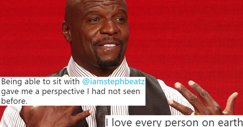A picture of actor Terry Crews of the television show 'Brooklyn Nine-Nine' speaking during the NBC segment of the Television Critics Association Press Tour at the Beverly Hilton Hotel on August 8, 2018 in Beverly Hills, California, overlaid with tweets.