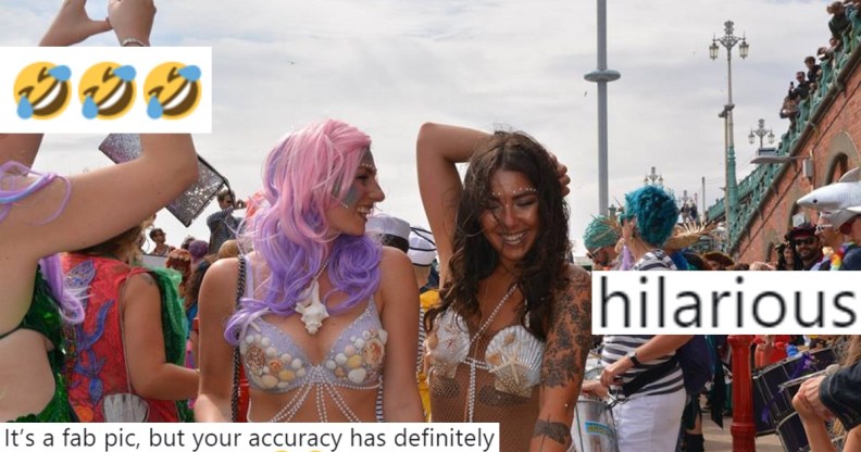 A picture from one of March of the Mermaids' events overlaid with tweets making fun of The Sun