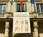 Turin mayor unveiled a banner is support of same-sex families to counter the anti-LGBT World Congress of Families in Verona.