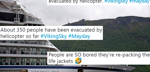 This picture taken on June 28, 2018 shows the cruise ship Viking Sky near Tromso, Norway. - Emergency services said on March 23, 2019 they were airlifting 1,300 passengers off a cruise ship off the Norwegian coast. The Viking Sky cruise ship sent an SOS message due to 'engine problems in bad weather', southern Norway's rescue centre said on Twitter, while police reported the passengers would be evacuated by helicopter. The photo is overlaid with tweets.