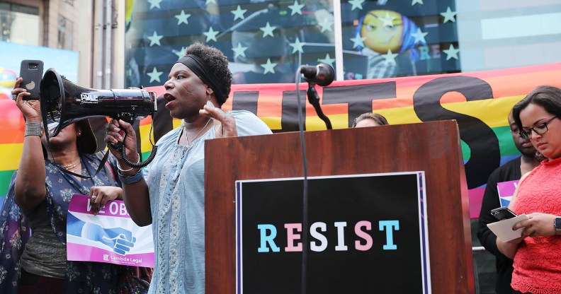 Trans army vet Tanya Walker speaks to protesters in Times Square