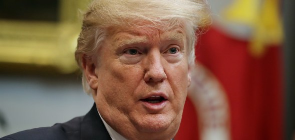 President Donald Trump delivers remarks to reporters while participating in a roundtable about ‘fair and honest pricing in healthcare’ in the Roosevelt Room at the White House January 23, 2019 in Washington, DC, after his administration gave a waiver to religious agencies in South Carolina