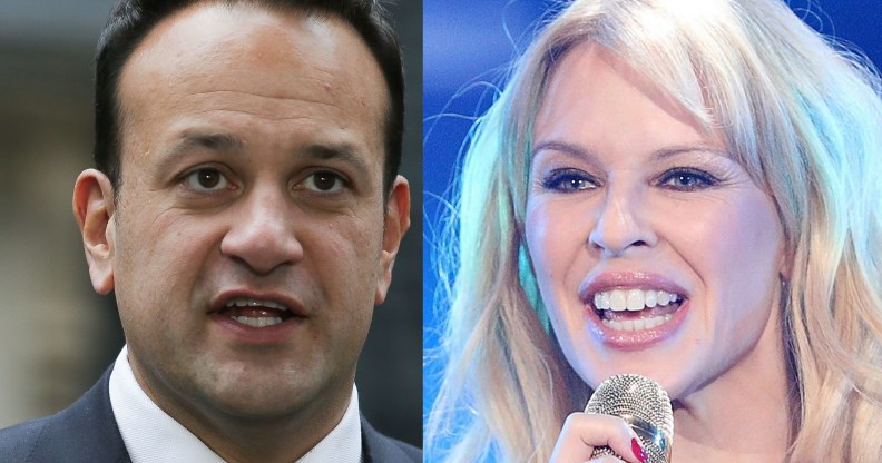 Leo Varadkar next to Kylie Minogue in a composite.