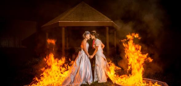 Lesbian couple sets wedding dresses on fire (Michael Huang of Cukini Studio)