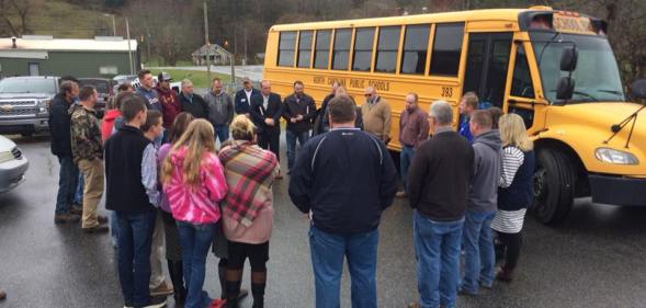 Pastor Timothy Rupard leads a group prayer following the staging of The Complete Works of William Shakespeare (Abridged)."