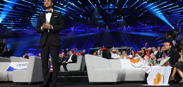 Israel's television host Assi Azar during the 64th annual Eurovision Song Contest held at Tel Aviv Fairgrounds on May 18, 2019 in Tel Aviv, Israel.