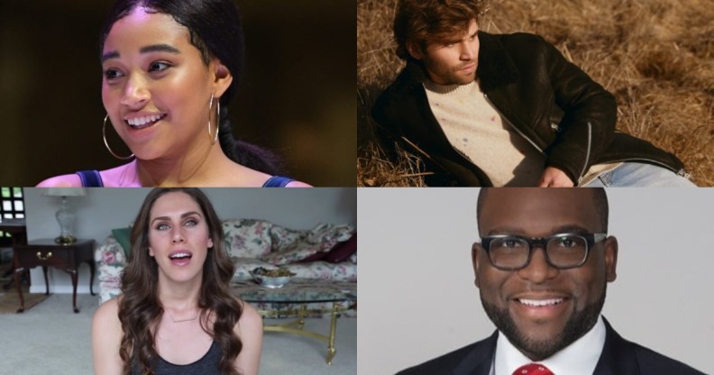 Celebs who came out gay in 2018. Amandla Stenberg, Jake Borelli, Cassandra Bankson and Shevrin Jones.