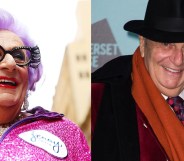 Dame Edna participates with her fans in a Zumba fitness class at Martin Place on January 15, 2013 in Sydney, Australia (left) and Barry Humphries out of drag.
