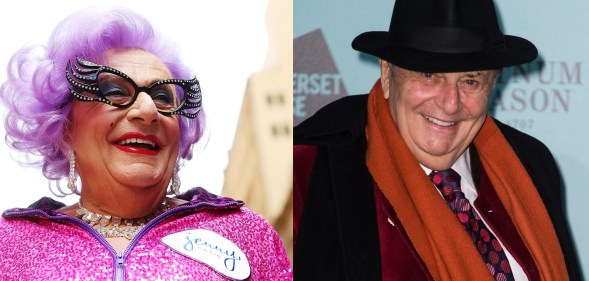 Dame Edna participates with her fans in a Zumba fitness class at Martin Place on January 15, 2013 in Sydney, Australia (left) and Barry Humphries out of drag.