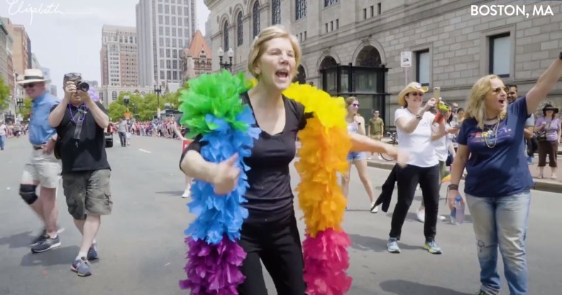 Elizabeth Warren LGBT rights record: Democratic Senator dancing at Boston Pride in 2018