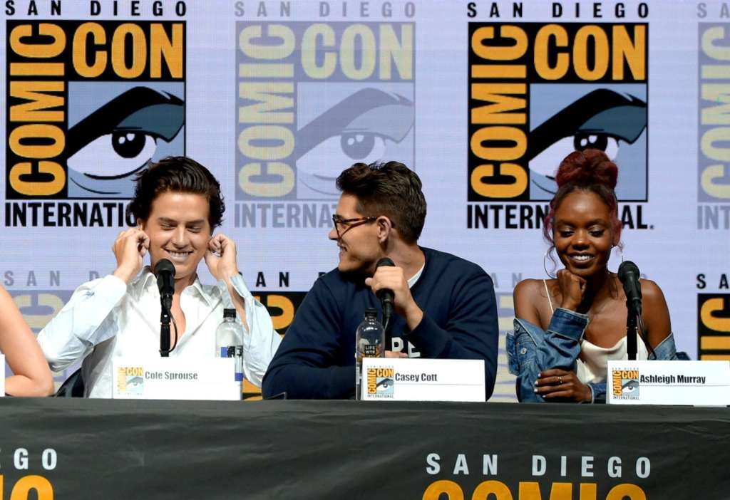 SAN DIEGO, CA - JULY 22: (L-R) Cole Sprouse, Casey Cott and Ashleigh Murray speak onstage at the "Riverdale" special video presentation and Q&A during Comic-Con International 2018 at San Diego Convention Center on July 22, 2018 in San Diego, California. (Photo by Kevin Winter/Getty Images)