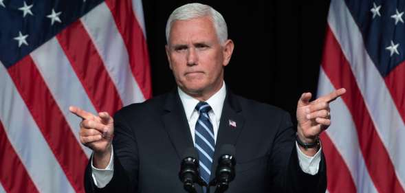 TOPSHOT - US Vice President Mike Pence speaks about the creation of a new branch of the military, Space Force, at the Pentagon in Washington, DC, on August 9, 2018. (Photo by SAUL LOEB / AFP) (Photo credit should read SAUL LOEB/AFP/Getty Images)