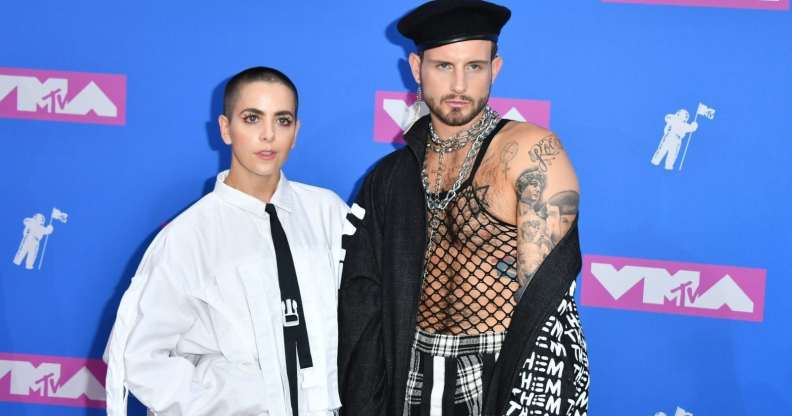 Musician Bethany Meyers and fiance US actor Nico Tortorella attend the 2018 MTV Video Music Awards at Radio City Music Hall on August 20, 2018 in New York City. (Photo by ANGELA WEISS / AFP) (Photo credit should read ANGELA WEISS/AFP/Getty Images)