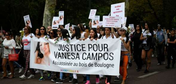 People take part in a march at the Bois de Boulogne in Paris, on August 24, 2018, in tribute to Vanesa Campos, a 36 year-old transsexual sex worker who was killed the week before. (Photo by Lionel BONAVENTURE / AFP) (Photo credit should read LIONEL BONAVENTURE/AFP/Getty Images)