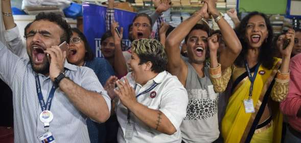 Indian members and supporters of the lesbian, gay, bisexual, transgender (LGBT) community celebrate the Supreme Court decision to strike down a colonial-era ban on gay sex, in Mumbai on September 6, 2018. - India's Supreme Court on September 6 struck down the ban that has been at the centre of years of legal battles. "The law had become a weapon for harassment for the LGBT community," Chief Justice Dipak Misra said as he announced the landmark verdict. (Photo by INDRANIL MUKHERJEE / AFP) (Photo credit should read INDRANIL MUKHERJEE/AFP/Getty Images)