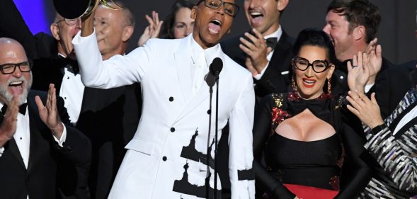 LOS ANGELES, CA - SEPTEMBER 17: RuPaul (C) and cast and crew accept the Outstanding Reality-Competition Program for 'RuPaul's Drag Race' onstage during the 70th Emmy Awards at Microsoft Theater on September 17, 2018 in Los Angeles, California. (Photo by Kevin Winter/Getty Images)