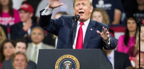 JOHNSON CITY, TN - OCTOBER 01: President Donald Trump speaks to the crowd during a campaign rally at Freedom Hall on October 1, 2018 in Johnson City, Tennessee. President Trump held the rally to support Republican senate candidate Marsha Blackburn. (Photo by Sean Rayford/Getty Images)