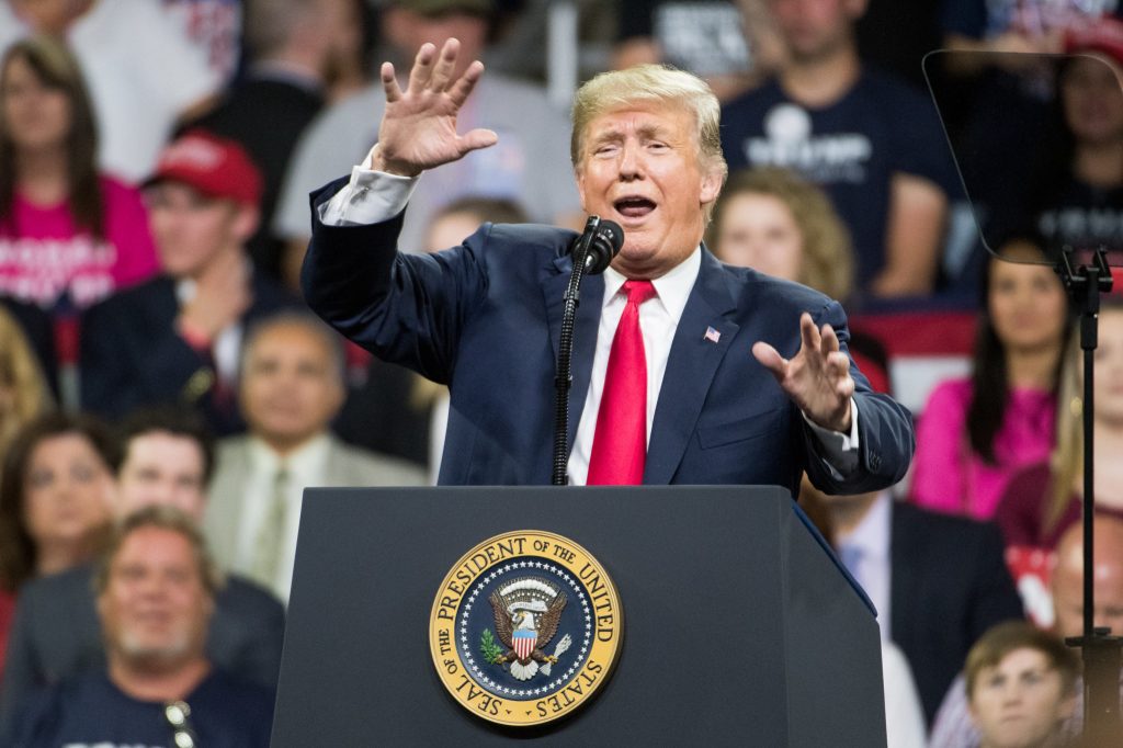 JOHNSON CITY, TN - OCTOBER 01: President Donald Trump speaks to the crowd during a campaign rally at Freedom Hall on October 1, 2018 in Johnson City, Tennessee. President Trump held the rally to support Republican senate candidate Marsha Blackburn. (Photo by Sean Rayford/Getty Images)