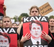 TOPSHOT - Women demonstrators protest against the appointment of Supreme Court nominee Brett Kavanaugh at the US Capitol in Washington DC, on October 6, 2018. - The US Senate confirmed conservative judge Kavanaugh as the next Supreme Court justice on October 6, offering US President Donald Trump a big political win and tilting the nation's high court decidedly to the right. (Photo by ROBERTO SCHMIDT / AFP) (Photo credit should read ROBERTO SCHMIDT/AFP/Getty Images)