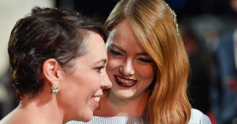 Olivia Colman and Emma Stone attend the UK Premiere of "The Favourite," the movie in which the two act in a sex scene.