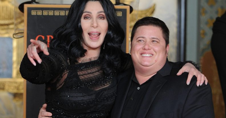 Cher poses with her son Chaz Bono in 2010