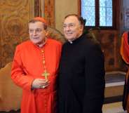Newly appointed cardinal, US Raymond leo Burke (L) poses with a member of the clergy during the traditionnal courtesy visit after the consistory on November 20, 2010 at The Vatican. 24 Roman Catholic prelates joined the Vatican's College of Cardinals, the elite body that advises the pontiff and elects his successor upon his death. AFP PHOTO / ALBERTO PIZZOLI (Photo credit should read ALBERTO PIZZOLI/AFP/Getty Images)