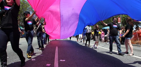 WEST HOLLYWOOD, CA - JUNE 09: People marching with anBi, a bisexual organization, carry a bisexual flag in the 43rd L.A. Pride Parade on June 9, 2013 in West Hollywood, California. More than 400,000 people are expected to attend the parade in support of lesbian, gay, bisexual and transgender communities. (Photo by David McNew/Getty Images)