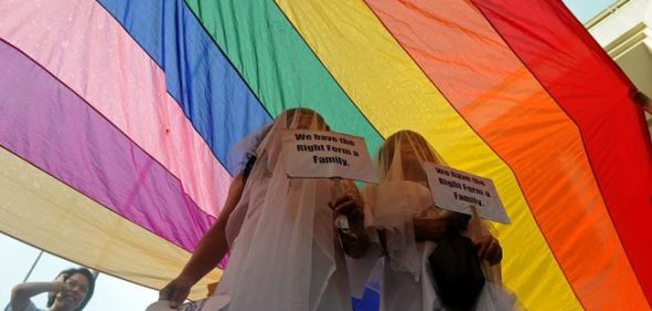 Supporters of same-sex marriage protest in wedding dresses