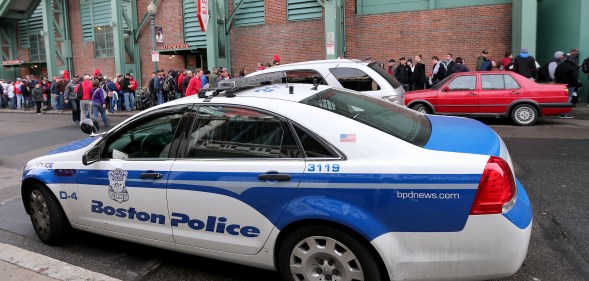 A Boston police car, where police arrested a teen over threats to Boston gay bars.