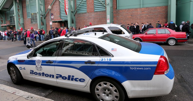 A Boston police car, where police arrested a teen over threats to Boston gay bars.