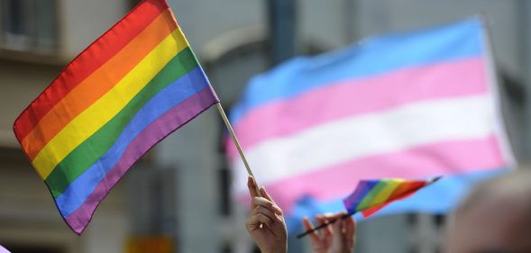A transgender flag flies in the background during a Pride march (SAMUEL KUBANI/AFP/Getty Images)