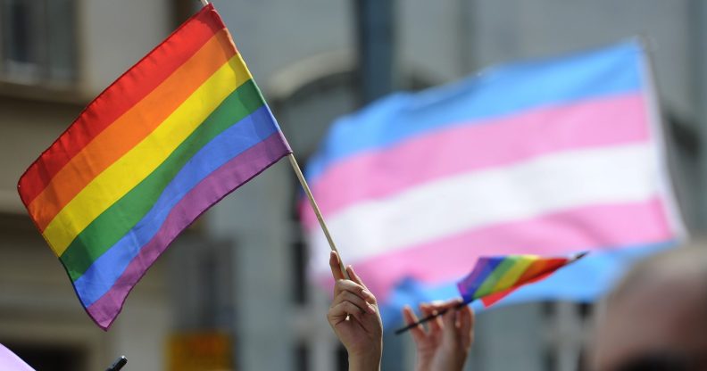 A transgender flag flies in the background during a Pride march (SAMUEL KUBANI/AFP/Getty Images)