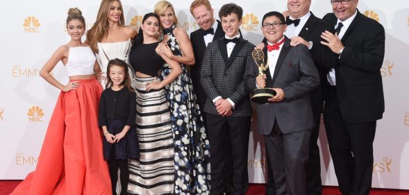 LOS ANGELES, CA - AUGUST 25: Actresses Sarah Hyland, Sof?a Vergara, Aubrey Anderson-Emmons, Julie Bowen and Ariel Winter, Jesse Tyler Ferguson, Nolan Gould, Rico Rodriguez, Eric Stonestreet and Ed O'Neill, winners of the Outstanding Comedy Series Award for "Modern Family" pose in the press room during the 66th Annual Primetime Emmy Awards held at Nokia Theatre L.A. Live on August 25, 2014 in Los Angeles, California. (Photo by Jason Merritt/Getty Images)