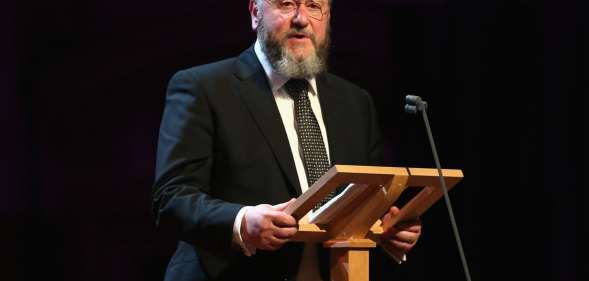 LONDON, ENGLAND - JANUARY 27: Chief Rabbi Ephraim Mirvis gives a speech as he attends a Holocaust Memorial Day Ceremony at Central Hall Westminster on January 27, 2015 in London, England. (Photo by Chris Jackson/WPA Pool/Getty Images)