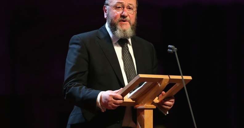 LONDON, ENGLAND - JANUARY 27: Chief Rabbi Ephraim Mirvis gives a speech as he attends a Holocaust Memorial Day Ceremony at Central Hall Westminster on January 27, 2015 in London, England. (Photo by Chris Jackson/WPA Pool/Getty Images)