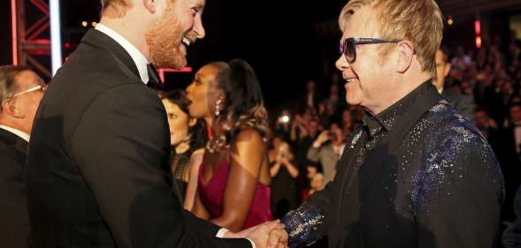LONDON, ENGLAND - NOVEMBER 13: Britain's Prince Harry greets Elton John after the Royal Variety Performance at the Albert Hall on November 13, 2015 in London, England. (Photo by Paul Hackett - WPA Pool/Getty Images)