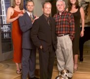 385849 12: Cast Members Of Nbc Television Comedy Series "Frasier" Pictured: (L-R) Jane Leeves As Daphne Moon, David Hyde Pierce As Dr. Niles Crane, Kelsey Grammer As Dr. Frasier Crane, John Mahoney As Martin Crane, And Peri Gilpin As Roz Doyle. (Photo By Getty Images)