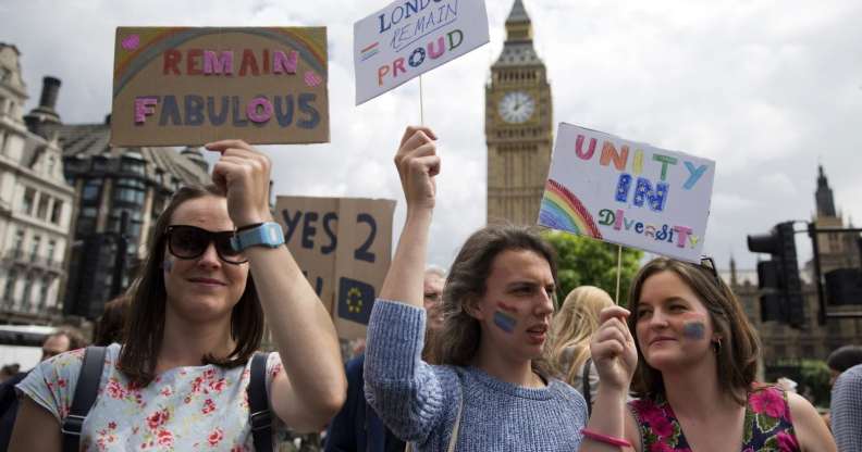 Demonstrators hold placards duringa protest against the pro-Brexit outcome of the UK's June 23 referendum on the European Union (EU), in central London on June 25, 2016. The result of Britain's June 23 referendum vote to leave the European Union (EU) has pitted parents against children, cities against rural areas, north against south and university graduates against those with fewer qualifications. London, Scotland and Northern Ireland voted to remain in the EU but Wales and large swathes of England, particularly former industrial hubs in the north with many disaffected workers, backed a Brexit. / AFP / JUSTIN TALLIS (Photo credit should read JUSTIN TALLIS/AFP/Getty Images)