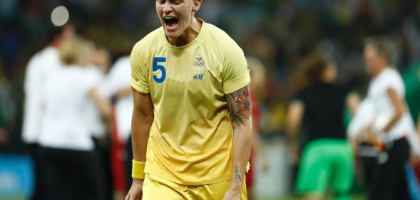 Sweden's defender Nilla Fischer reacts after losing to Germany in the Rio 2016 Olympic Games women's football Gold medal match at the Maracana stadium in Rio de Janeiro, Brazil, on August 19, 2016. / AFP / Odd Andersen (Photo credit should read ODD ANDERSEN/AFP/Getty Images)