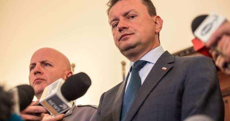 Poland's Interior Minister Mariusz Blaszczak speaks during a press conference at the Polish Embassy in London on September 5, 2016. Three Polish ministers made an urgent visit to London following attacks on its nationals in Britain, including a murder which may have been a hate crime. / AFP / CHRIS J RATCLIFFE (Photo credit should read CHRIS J RATCLIFFE/AFP/Getty Images)