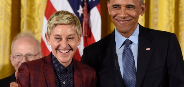 US President Barack Obama presents actress and comedian Ellen DeGeneres with the Presidential Medal of Freedom, the nation's highest civilian honor, during a ceremony honoring 21 recipients, in the East Room of the White House in Washington, DC, November 22, 2016.