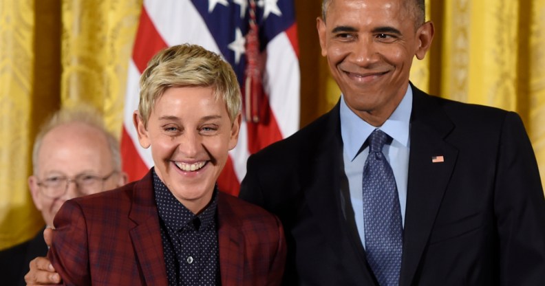 US President Barack Obama presents actress and comedian Ellen DeGeneres with the Presidential Medal of Freedom, the nation's highest civilian honor, during a ceremony honoring 21 recipients, in the East Room of the White House in Washington, DC, November 22, 2016.