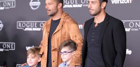 HOLLYWOOD, CA - DECEMBER 10: Musician Ricky Martin and Jwan Yosef (top L-R) and Valentino Martin and Matteo Martin attend the premiere of Walt Disney Pictures and Lucasfilm's "Rogue One: A Star Wars Story" at the Pantages Theatre on December 10, 2016 in Hollywood, California. (Photo by Frazer Harrison/Getty Images)